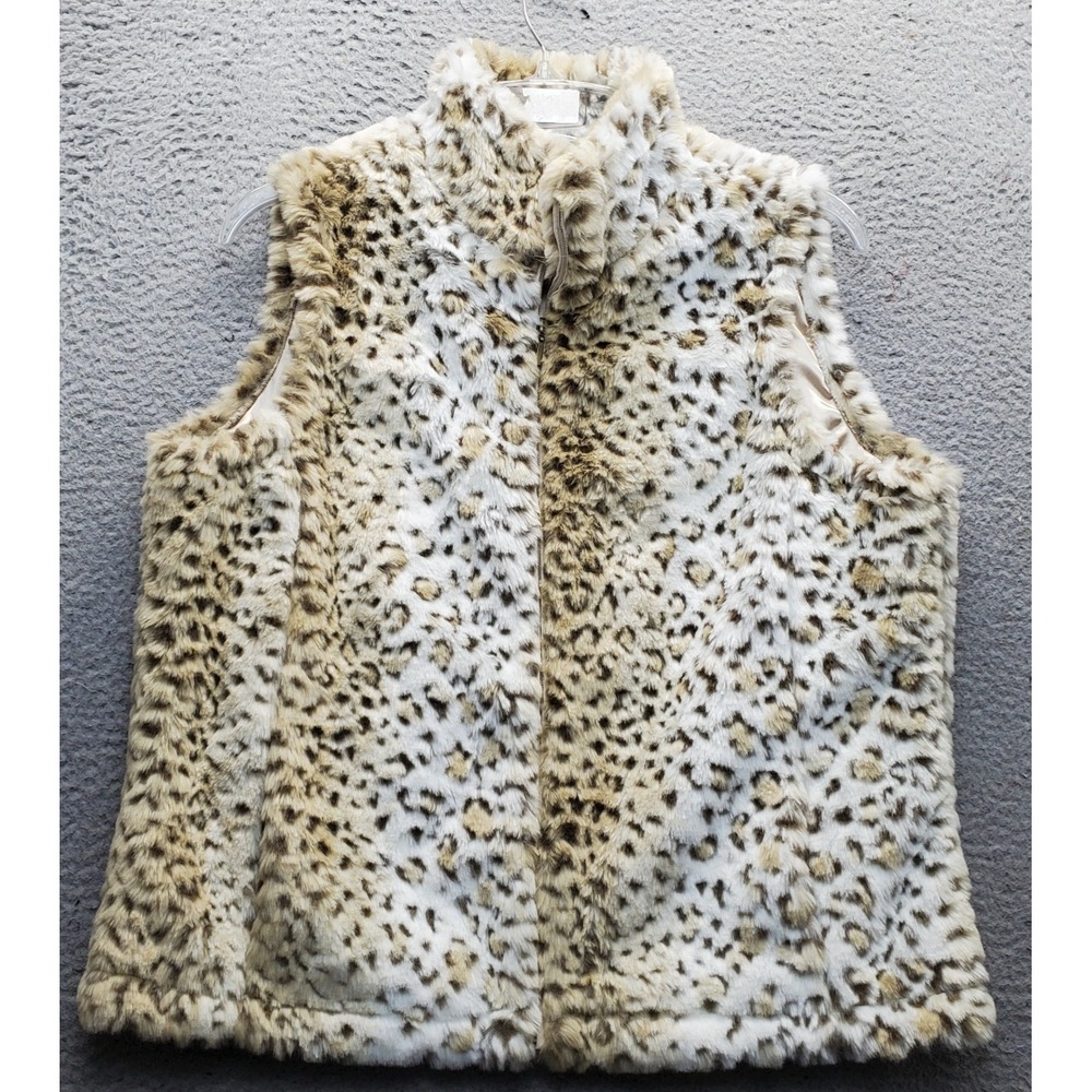 Coldwater Creek Faux Fur Vest Women L Multi Leopard Print Stand Up Collar Zip Up